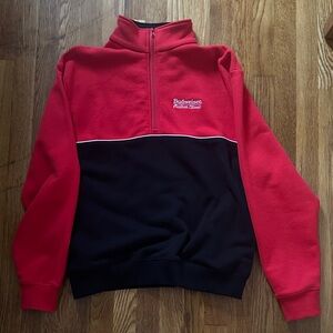 Budweiser Red and Black Men's Zip-Up Sweater